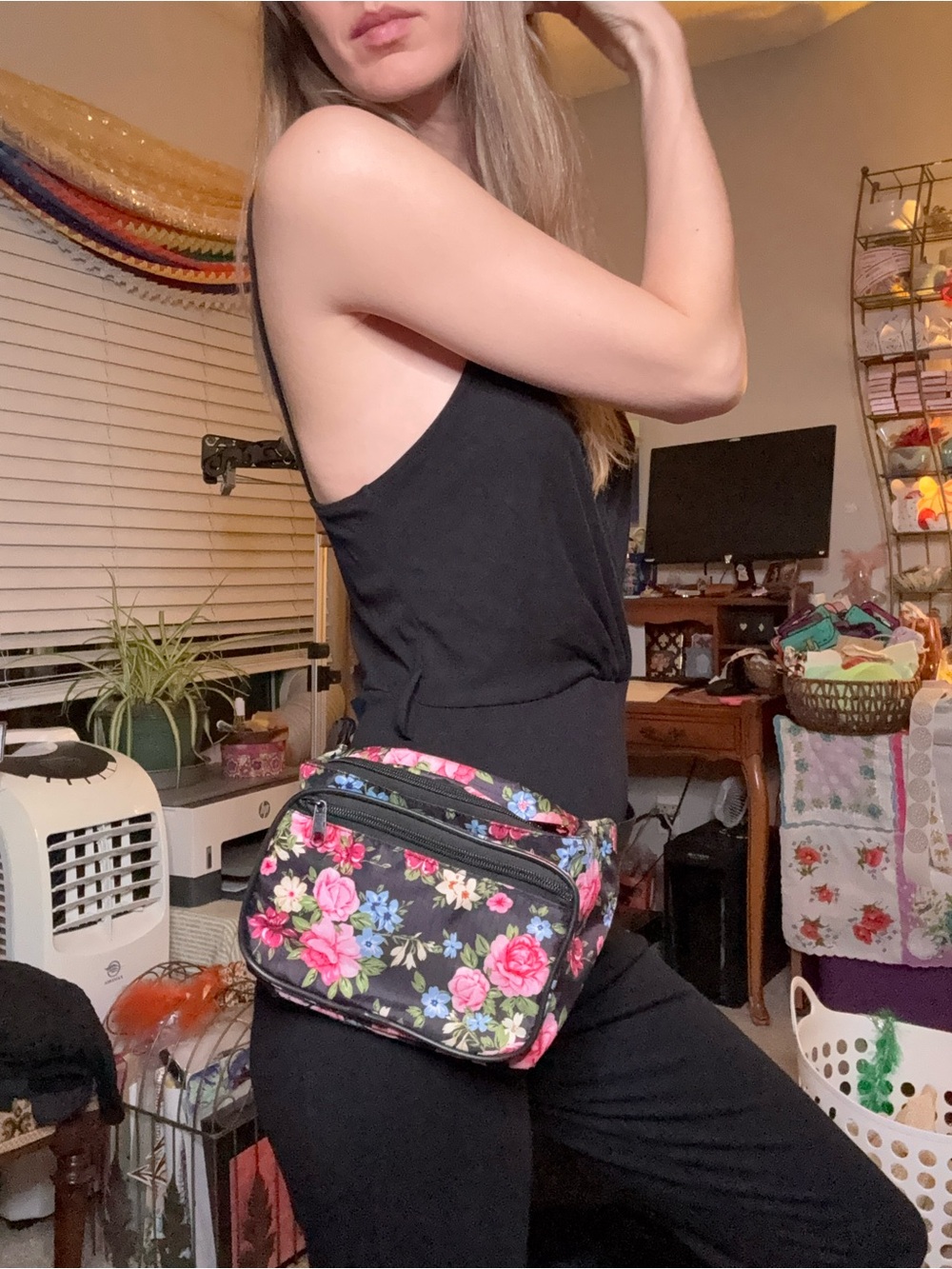 Black Floral Crossbody Waist Bag with Pink Bloom Accents
